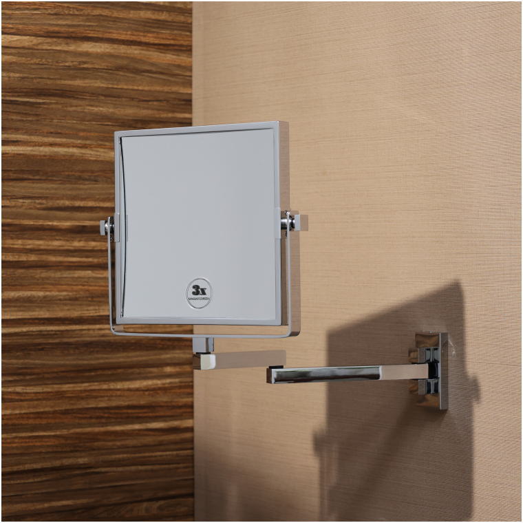 壁面拡大鏡,両面仕様,3倍鏡,等倍面,高級仕上げ,メイクミラー,宿泊施設向け,角型デザイン,ダブルアーム,施工用