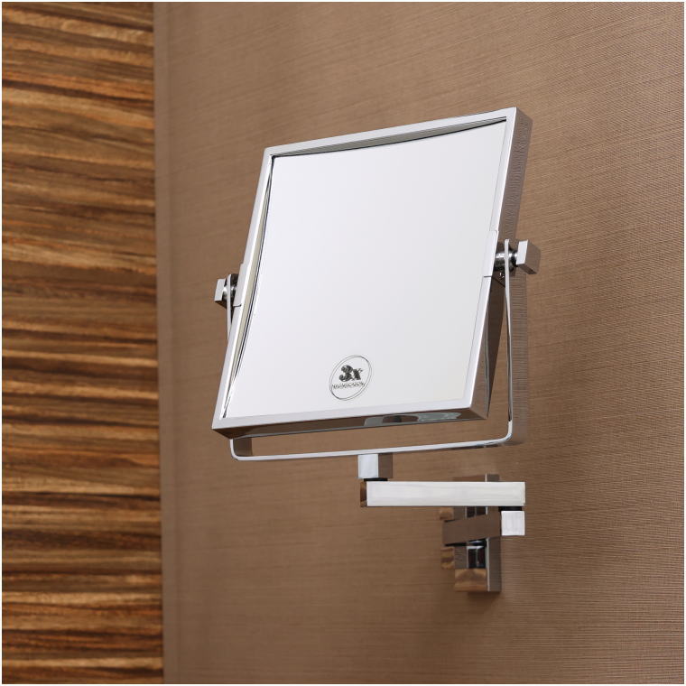 両面ミラー,壁面設置,角型拡大鏡,ダブルアーム,操作性,高品質,B2B向け,メイクアップ用,ホテル備品,鏡面構造
