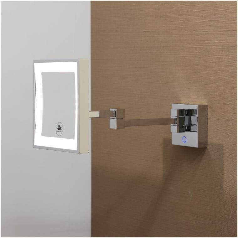 LED壁面鏡,3倍拡大,四角デザイン,明るい照明,高品質ミラー,可動アーム,真鍮素材,宿泊施設,美容室用,B2B対応