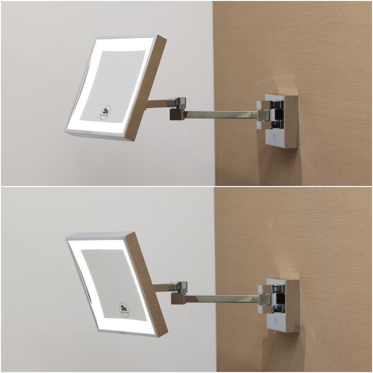角度調整ミラー,LED付き,ダブルアーム,実用型,3倍率,美容ミラー,ホテル客室,業務設置,角形デザイン,壁付タイプ