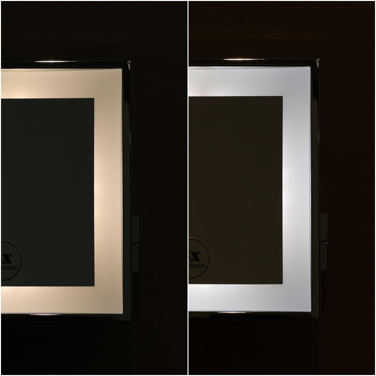 LED調色,暖色クール色比較,照明切替,光色調整,角型拡大鏡,美容照明,化粧用,自然光再現,調光ミラー,3倍率鏡