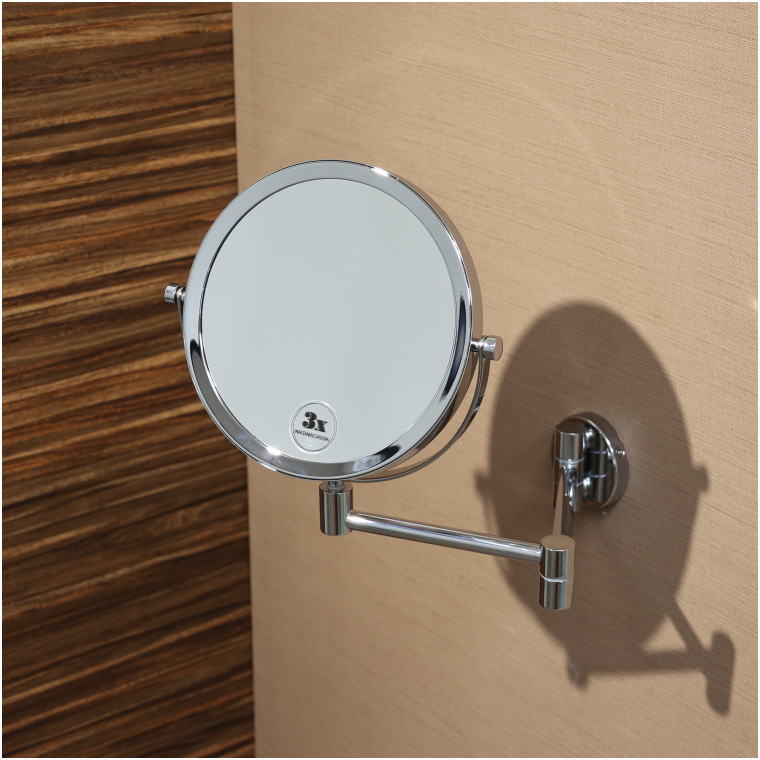 折りたたみ式 壁付け 3倍拡大ミラー 丸型 メイクミラー 鏡面可動式 クロームメッキ仕様