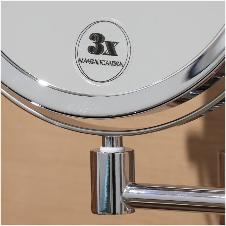 3倍拡大鏡 ロゴ入り 壁掛けミラー 高品質ガラス鏡面 ダブルアーム化粧鏡 クローム仕上げ