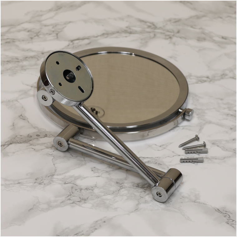 壁掛け拡大鏡 部品セット ダブルアーム 3倍ミラー ネジ・アンカー付き 組立前全体写真