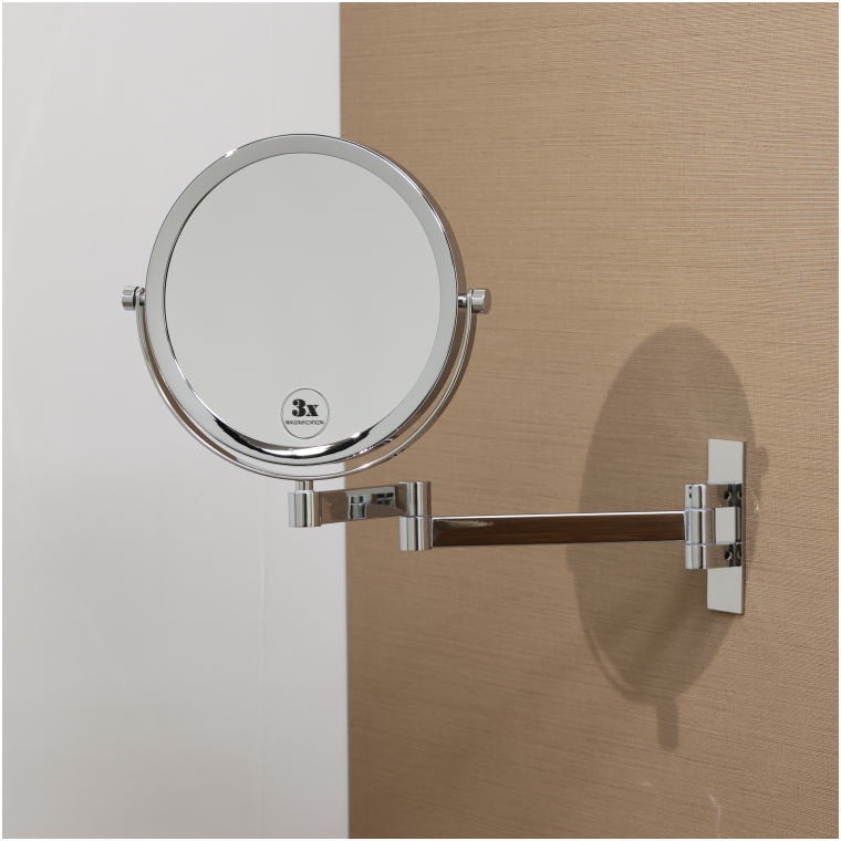 extendable mirror, wall mount, 3x zoom, chrome finish, salon, guestroom