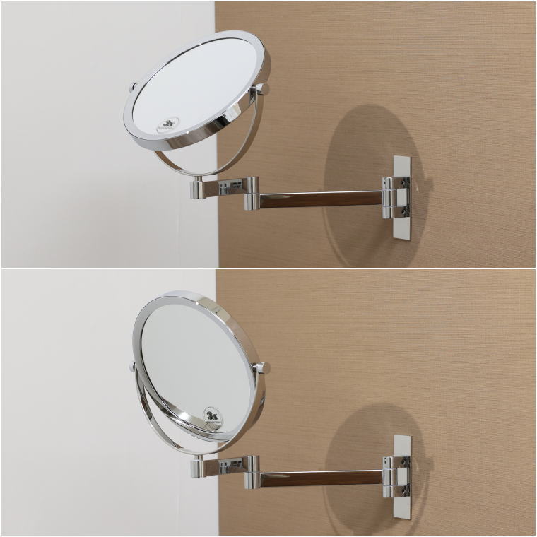 tilt mirror, adjustable arm, 3x lens, bathroom use, wall type