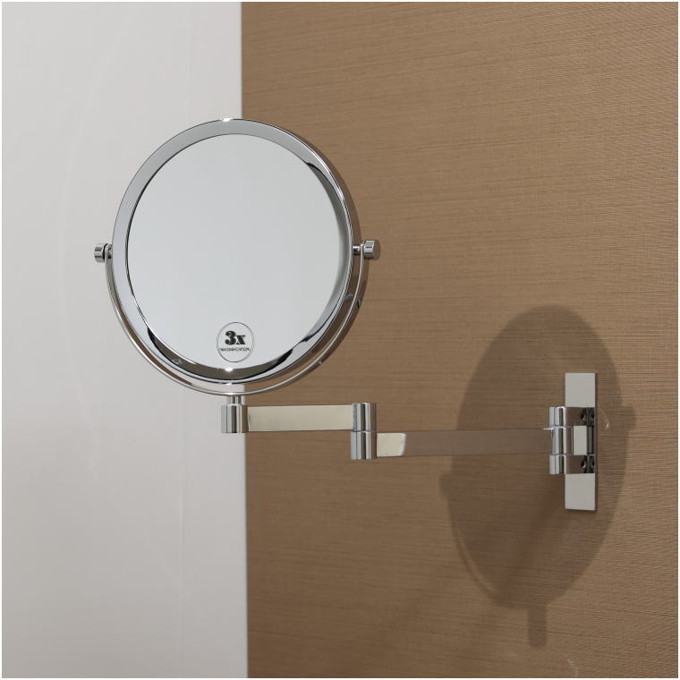 ホテル・旅館向け 壁付け3倍拡大鏡 ダブルアーム 真鍮クローム仕上げ