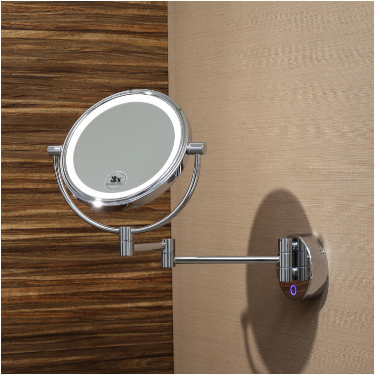 ミラー角度を下向きに調整したLED化粧鏡。アーム構造が分かる横方向の写真。