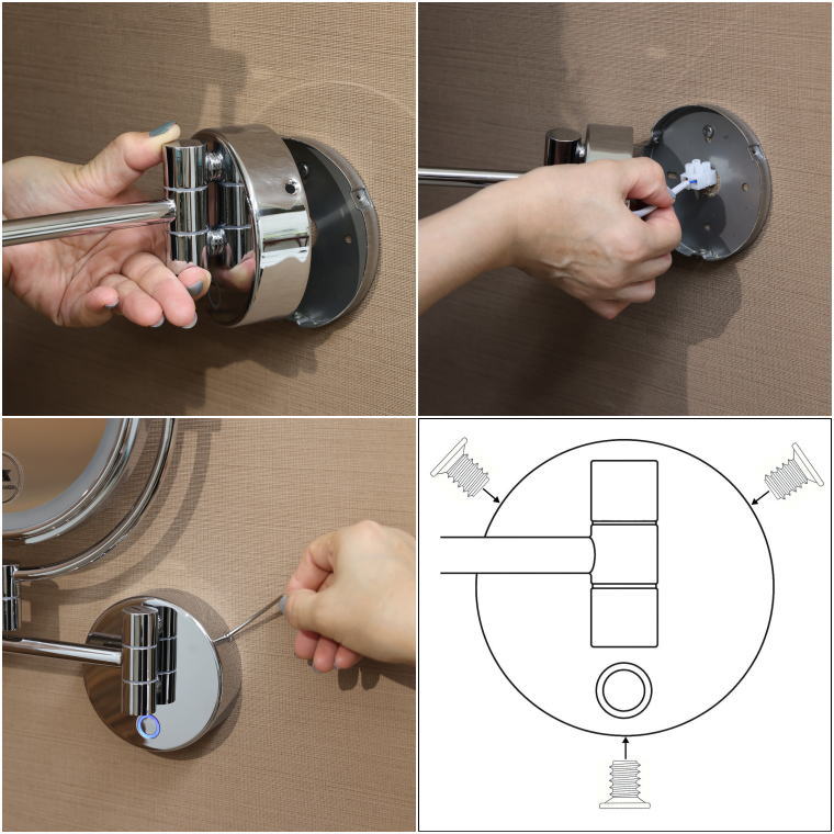 壁面固定金具の取り付け手順を示す4コマ画像。ビス穴位置の図解付き。