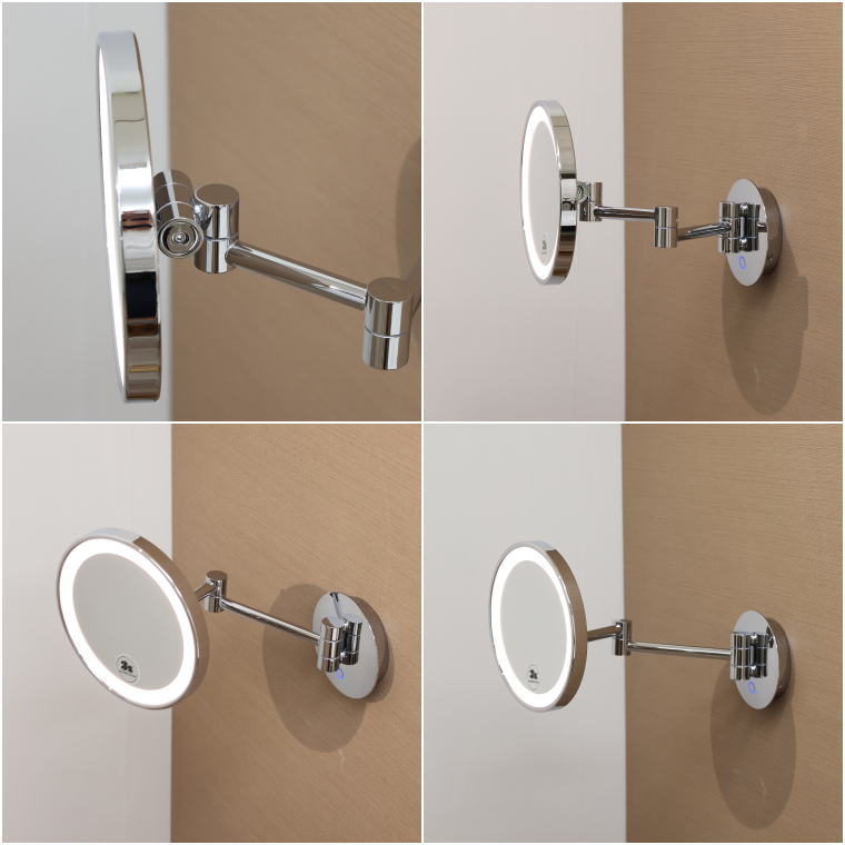 アームミラー,多関節,可動範囲,ホテル拡大鏡,LED調整,クロムメッキ,業務モデル,壁取付,温白色ライト,堅牢構造