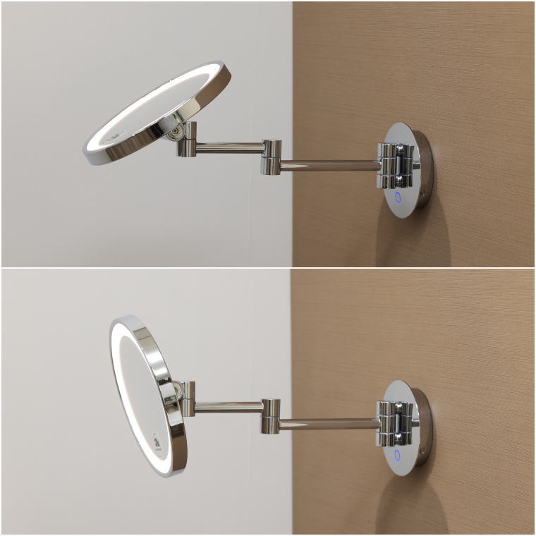 調色比較,暖色光,白色光,LEDリング,色温度切替,照明付きミラー,3倍率,壁取付型,視認性向上,美容施設向け