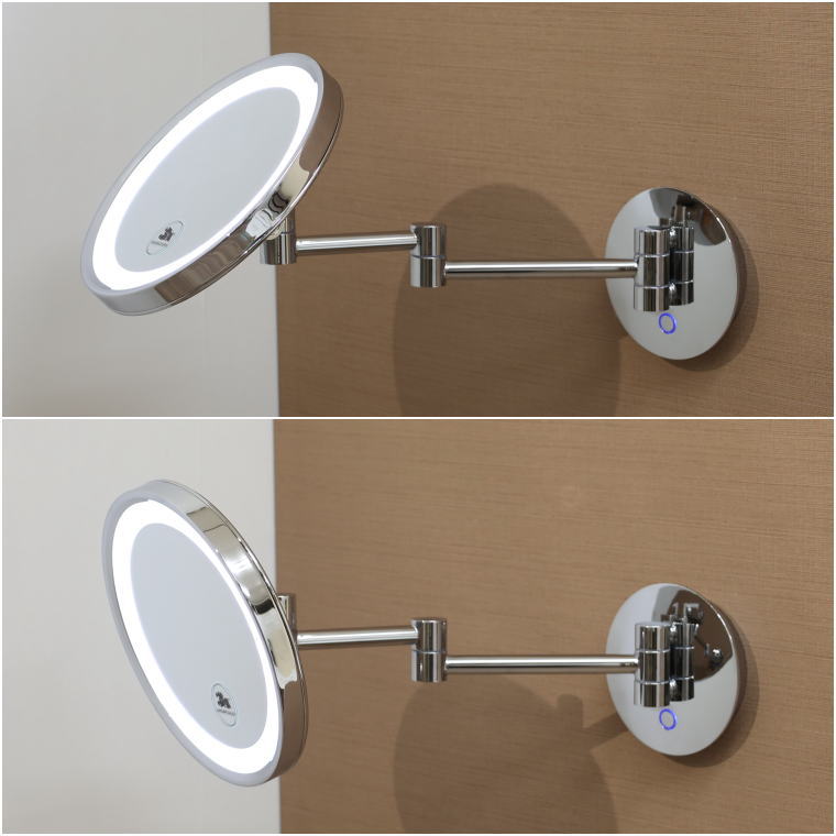 光色の違いを比較したLEDミラー。上が暖色、下がクール色を示す二分構成写真。