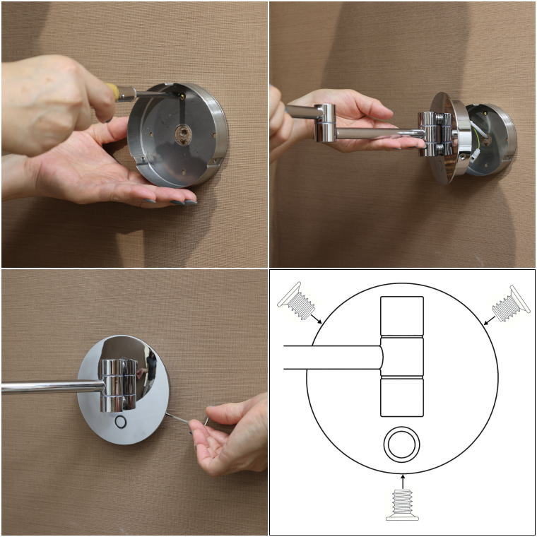 壁面取付手順を示す4コマ図。取付ベースの固定ビス位置を解説する図解入り。