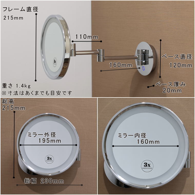ミラー寸法とアーム長を記したサイズ図。外径175mmの3倍拡大鏡を正確に計測した画像。