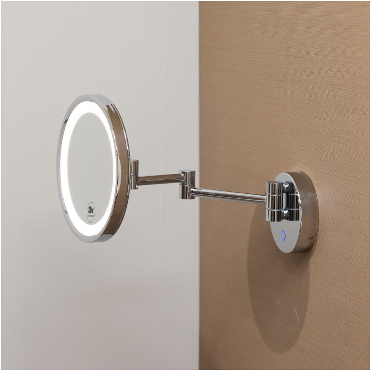 LED壁面鏡,3倍拡大,暖色光,白色光,可動アーム,高品質,美容用ミラー,宿泊施設向け,真鍮クロム,B2B対応