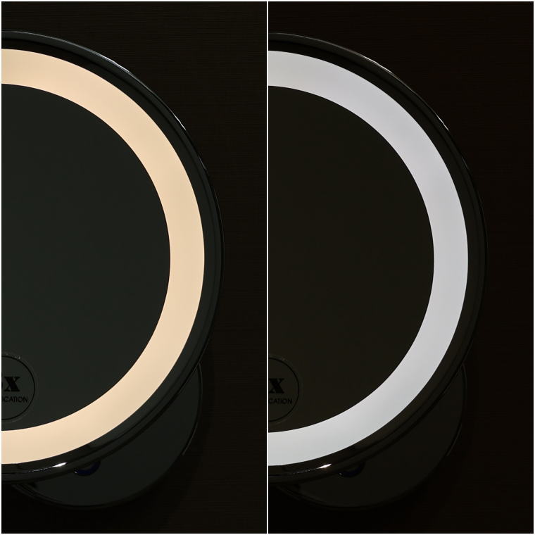 LED調色,暖色クール色比較,照明切替,光色調整,3倍率鏡,美容照明,メイク用ミラー,視認性向上,調光対応,自然光再現