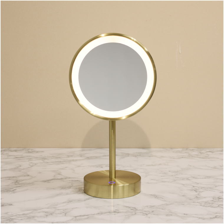 真鍮ヘアライン仕上げ 充電式LED拡大スタンドミラー 点灯色切替イメージ