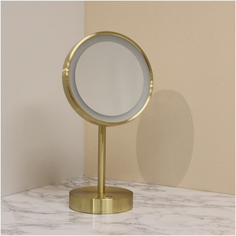 真鍮ヘアライン仕上げ コードレスLED拡大スタンドミラー 消灯時の外観