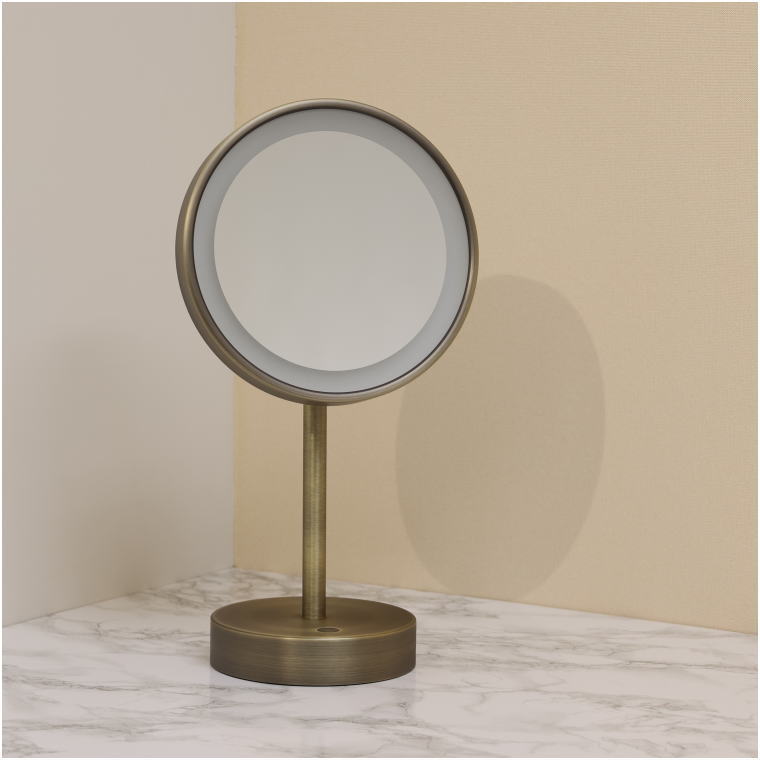 アンティークブラス色 真鍮ヘアライン仕上げ コードレスLED拡大スタンドミラー 消灯時の外観