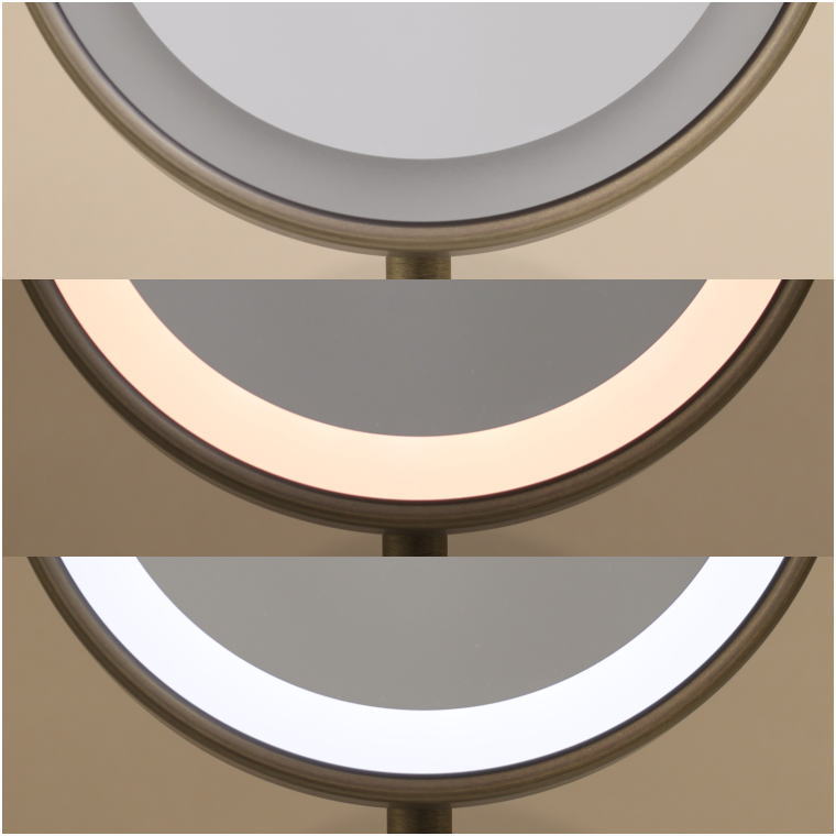 LED調色機能付きアンティークブラス色 拡大スタンドミラー 点灯色比較