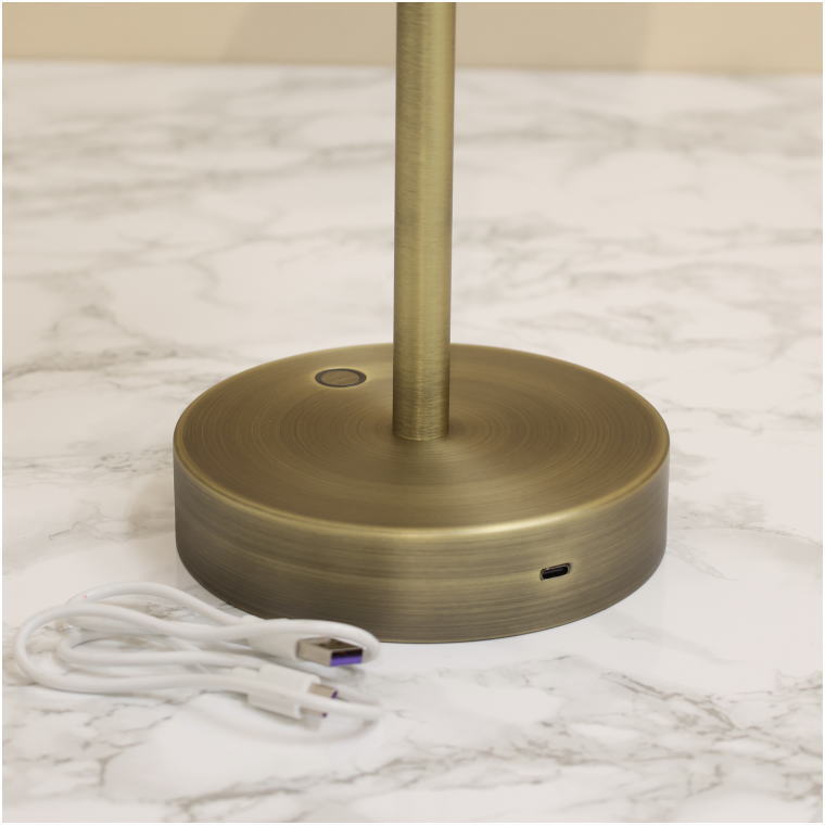 充電式LED拡大スタンドミラー アンティークブラス色 USB充電ポートと付属ケーブル